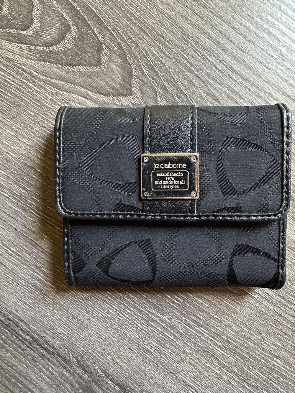 Liz Claiborne Black Jacquard Compact Wallet with Logo Plaque
